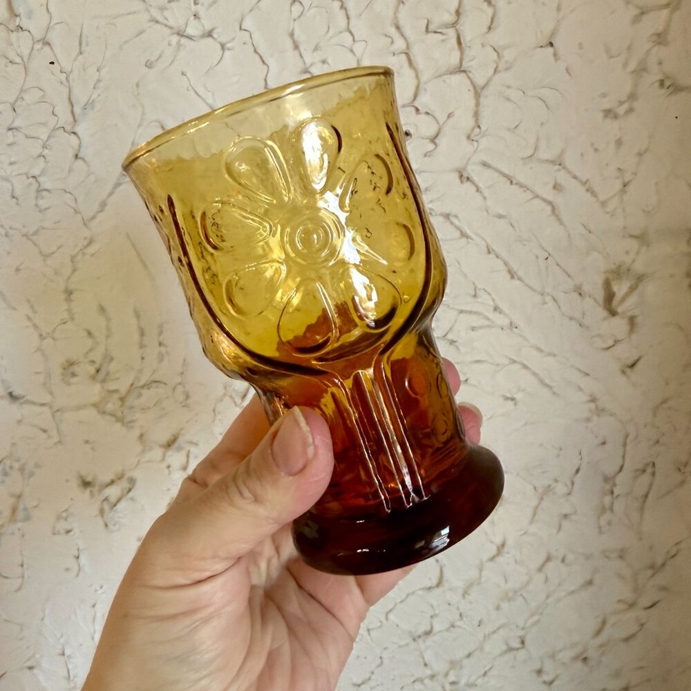Vintage Amber Glass Goblets Set of 6 Floral Pressed Glass Mid Century A - Picture 4 of 10